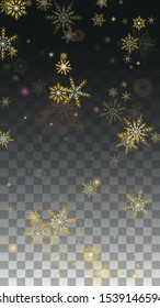 New Year Vector Background with Gold Falling Snowflakes Isolated on Transparent Background. Miracle Snow Sparkle Pattern. Snowfall Overlay Print. Winter Sky. Design for  Party Invitation.