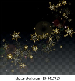 New Year Vector Background with Gold Falling Snowflakes Isolated on Transparent Background. Luxury Snow Sparkle Pattern. Snowfall Overlay Print. Winter Sky. Design for  Christmas Sale.