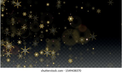 New Year Vector Background with Gold Falling Snowflakes Isolated on Transparent Background. Magic Snow Sparkle Pattern. Snowfall Overlay Print. Winter Sky. Design for  Poster.