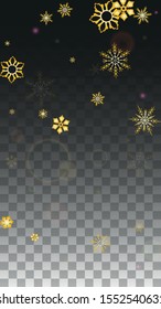 New Year Vector Background with Gold Falling Snowflakes Isolated on Transparent Background. Luxury Snow Sparkle Pattern. Snowfall Overlay Print. Winter Sky. Design for  Poster.