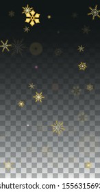 New Year Vector Background with Gold Falling Snowflakes Isolated on Transparent Background. Luxury Snow Sparkle Pattern. Snowfall Overlay Print. Winter Sky. Design for  Banner.