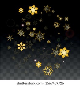 New Year Vector Background with Gold Falling Snowflakes Isolated on Transparent Background. Elegance Snow Sparkle Pattern. Snowfall Overlay Print. Winter Sky. Design for  Poster.