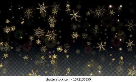 New Year Vector Background with Gold Falling Snowflakes Isolated on Transparent Background. Festival Snow Sparkle Pattern. Snowfall Overlay Print. Winter Sky. Design for  Party Invitation.