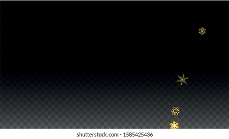 New Year Vector Background with Gold Falling Snowflakes Isolated on Transparent Background. Glitter Snow Sparkle Pattern. Snowfall Overlay Print. Winter Sky. Design for  Banner.