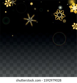 New Year Vector Background with Gold Falling Snowflakes Isolated on Transparent Background. Elegance Snow Sparkle Pattern. Snowfall Overlay Print. Winter Sky. Design for  Christmas Sale.