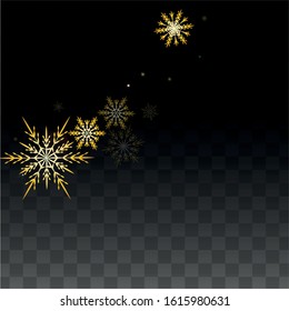 New Year Vector Background with Gold Falling Snowflakes Isolated on Transparent Background. Festival Snow Sparkle Pattern. Snowfall Overlay Print. Winter Sky. Design for  Christmas Sale.
