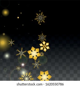 New Year Vector Background with Gold Falling Snowflakes Isolated on Transparent Background. Miracle Snow Sparkle Pattern. Snowfall Overlay Print. Winter Sky. Design for  Party Invitation.