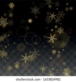 New Year Vector Background with Gold Falling Snowflakes Isolated on Transparent Background. Elegance Snow Sparkle Pattern. Snowfall Overlay Print. Winter Sky. Design for  Christmas Sale.