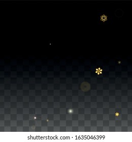 New Year Vector Background with Gold Falling Snowflakes Isolated on Transparent Background. Fantasy Snow Sparkle Pattern. Snowfall Overlay Print. Winter Sky. Design for  Christmas Sale.