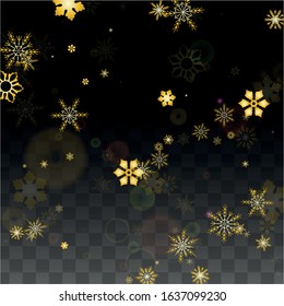 New Year Vector Background with Gold Falling Snowflakes Isolated on Transparent Background. Magic Snow Sparkle Pattern. Snowfall Overlay Print. Winter Sky. Design for  Party Invitation.