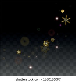 Fondo vectorial de Año Nuevo con copos de nieve con caída de oro aislados en un fondo transparente. Patrón elegante de espuma de nieve. Impresión superpuesta de nieve. Cielo invernal. Diseño de afiche.