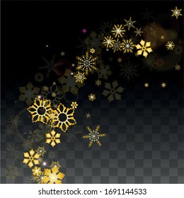 NeujahrsVektorhintergrund mit Goldfallschneeflocken einzeln auf transparentem Hintergrund. Realistisches, schneeflaumiges Muster. Schneefall Overlay Print. Winter Sky. Design für Poster.