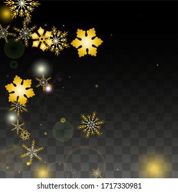 New Year Vector Background with Gold Falling Snowflakes Isolated on Transparent Background. Glitter Snow Sparkle Pattern. Snowfall Overlay Print. Winter Sky. Design for  Party Invitation.