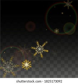 NeujahrsVektorhintergrund mit Goldfallschneeflocken einzeln auf transparentem Hintergrund. Realistisches, schneeflaumiges Muster. Schneefall Overlay Print. Winter Sky. Design für Banner.