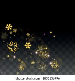 New Year Vector Background with Gold Falling Snowflakes Isolated on Transparent Background. Luxury Snow Sparkle Pattern. Snowfall Overlay Print. Winter Sky. Design for  Poster.