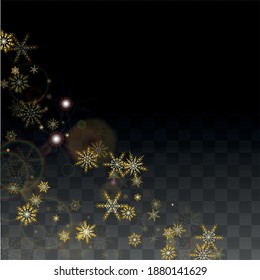 NeujahrsVektorhintergrund mit Goldfallschneeflocken einzeln auf transparentem Hintergrund. Wunderschneemuster Schneefall Overlay Print. Winter Sky. Design für Banner.