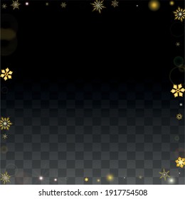 New Year Vector Background with Gold Falling Snowflakes Isolated on Transparent Background. Miracle Snow Sparkle Pattern. Snowfall Overlay Print. Winter Sky. Design for  Christmas Sale.