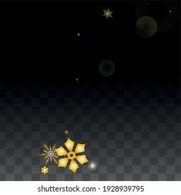 New Year Vector Background with Gold Falling Snowflakes Isolated on Transparent Background. Realistic Snow Sparkle Pattern. Snowfall Overlay Print. Winter Sky. Design for  Banner.