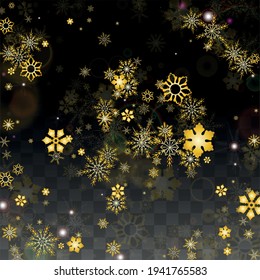 New Year Vector Background with Gold Falling Snowflakes Isolated on Transparent Background. Magic Snow Sparkle Pattern. Snowfall Overlay Print. Winter Sky. Design for  Banner.