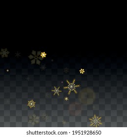 New Year Vector Background with Gold Falling Snowflakes Isolated on Transparent Background. Glitter Snow Sparkle Pattern. Snowfall Overlay Print. Winter Sky. Design for  Christmas Sale.