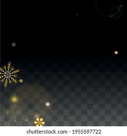 New Year Vector Background with Gold Falling Snowflakes Isolated on Transparent Background. Elegance Snow Sparkle Pattern. Snowfall Overlay Print. Winter Sky. Design for  Banner.