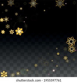 New Year Vector Background with Gold Falling Snowflakes Isolated on Transparent Background. Realistic Snow Sparkle Pattern. Snowfall Overlay Print. Winter Sky. Design for  Christmas Sale.