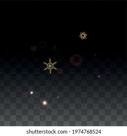 New Year Vector Background with Gold Falling Snowflakes Isolated on Transparent Background. Festival Snow Sparkle Pattern. Snowfall Overlay Print. Winter Sky. Design for  Poster.