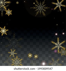 Fondo vectorial de Año Nuevo con copos de nieve que caen en oro aislados de fondo transparente. Patrón elegante de espuma de nieve. Impresión superpuesta de nieve. Cielo invernal. Diseño de afiche.