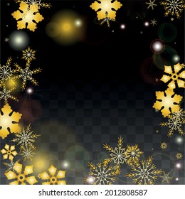 New Year Vector Background with Gold Falling Snowflakes Isolated on Transparent Background. Luxury Snow Sparkle Pattern. Snowfall Overlay Print. Winter Sky. Design for  Christmas Sale.