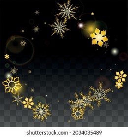 NeujahrsVektorhintergrund mit Goldfallschneeflocken einzeln auf transparentem Hintergrund. Zauberschneemuster Schneefall Overlay Print. Winter Sky. Design für Poster.