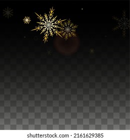 NeujahrsVektorhintergrund mit Goldfallschneeflocken einzeln auf transparentem Hintergrund. Elegantes, schneeflaumiges Muster. Schneefall Overlay Print. Winter Sky. Design für den Weihnachtsverkauf.