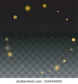 New Year Vector Background with Gold Falling Snowflakes Isolated on Transparent Background. Miracle Snow Sparkle Pattern. Snowfall Overlay Print. Winter Sky. Design for  Banner.