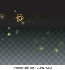 Fondo vectorial de Año Nuevo con copos de nieve que caen en oro aislados de fondo transparente. Patrón de espuma de nieve. Impresión superpuesta de nieve. Cielo invernal. Diseño para la venta navideña.