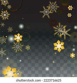NeujahrsVektorhintergrund mit Goldfallschneeflocken einzeln auf transparentem Hintergrund. Elegantes, schneeflaumiges Muster. Schneefall Overlay Print. Winter Sky. Design für Banner.