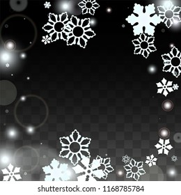 New Year Vector Background with White Falling Snowflakes Isolated on Transparent Background. Elegance Snow Sparkle Pattern. Snowfall Overlay Print. Winter Sky. Design for  Banner.