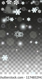 New Year Vector Background with White Falling Snowflakes Isolated on Transparent Background. Festival Snow Sparkle Pattern. Snowfall Overlay Print. Winter Sky. Design for  Christmas Sale.