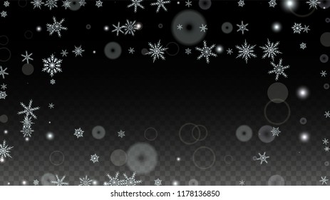 New Year Vector Background with White Falling Snowflakes Isolated on Transparent Background. Luxury Snow Sparkle Pattern. Snowfall Overlay Print. Winter Sky. Design for  Banner.