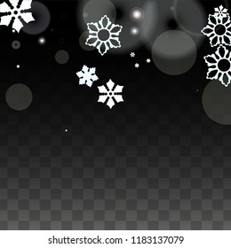 New Year Vector Background with White Falling Snowflakes Isolated on Transparent Background. Elegance Snow Sparkle Pattern. Snowfall Overlay Print. Winter Sky. Design for  Christmas Sale.