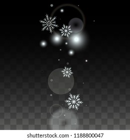 New Year Vector Background with White Falling Snowflakes Isolated on Transparent Background. Magic Snow Sparkle Pattern. Snowfall Overlay Print. Winter Sky. Design for  Banner.