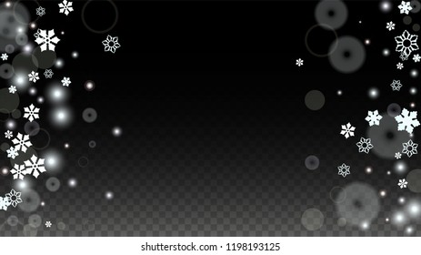 New Year Vector Background with White Falling Snowflakes Isolated on Transparent Background. Realistic Snow Sparkle Pattern. Snowfall Overlay Print. Winter Sky. Design for  Party Invitation.