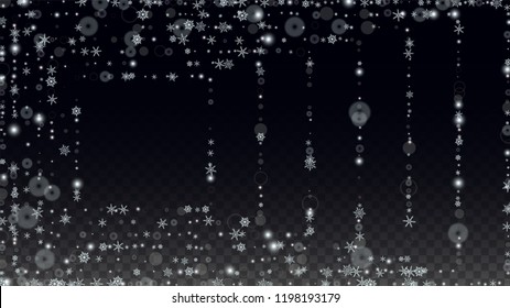 New Year Vector Background with White Falling Snowflakes Isolated on Transparent Background. Elegance Snow Sparkle Pattern. Snowfall Overlay Print. Winter Sky. Design for  Banner.