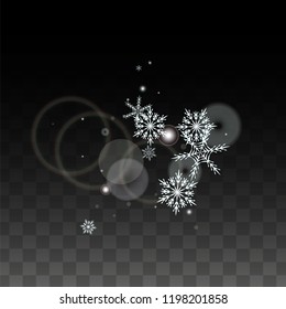 New Year Vector Background with White Falling Snowflakes Isolated on Transparent Background. Miracle Snow Sparkle Pattern. Snowfall Overlay Print. Winter Sky. Design for  Christmas Sale.