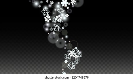 New Year Vector Background with White Falling Snowflakes Isolated on Transparent Background. Luxury Snow Sparkle Pattern. Snowfall Overlay Print. Winter Sky. Design for  Poster.