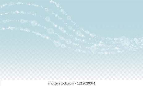 New Year Vector Background with White Falling Snowflakes Isolated on Transparent Background. Fantasy Snow Sparkle Pattern. Snowfall Overlay Print. Winter Sky. Design for  Party Invitation.