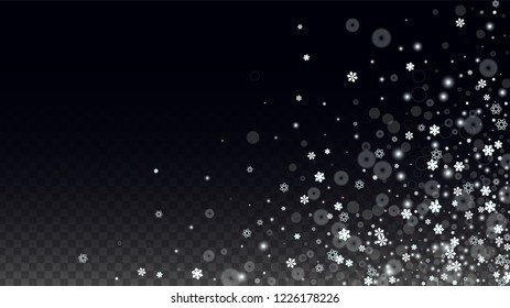 New Year Vector Background with White Falling Snowflakes Isolated on Transparent Background. Luxury Snow Sparkle Pattern. Snowfall Overlay Print. Winter Sky. Design for  Party Invitation.