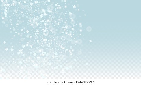 New Year Vector Background with White Falling Snowflakes Isolated on Transparent Background. Luxury Snow Sparkle Pattern. Snowfall Overlay Print. Winter Sky. Design for  Banner.