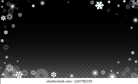 New Year Vector Background with White Falling Snowflakes Isolated on Transparent Background. Elegance Snow Sparkle Pattern. Snowfall Overlay Print. Winter Sky. Design for  Party Invitation.