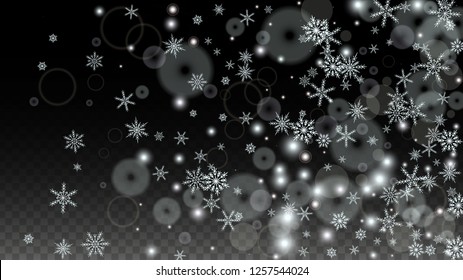 New Year Vector Background with White Falling Snowflakes Isolated on Transparent Background. Luxury Snow Sparkle Pattern. Snowfall Overlay Print. Winter Sky. Design for  Christmas Sale.