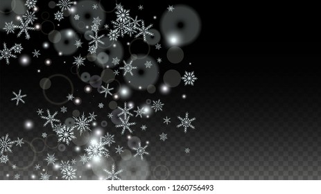 New Year Vector Background with White Falling Snowflakes Isolated on Transparent Background. Luxury Snow Sparkle Pattern. Snowfall Overlay Print. Winter Sky. Design for  Banner.