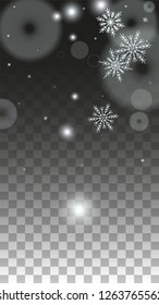 New Year Vector Background with White Falling Snowflakes Isolated on Transparent Background. Luxury Snow Sparkle Pattern. Snowfall Overlay Print. Winter Sky. Design for  Christmas Sale.